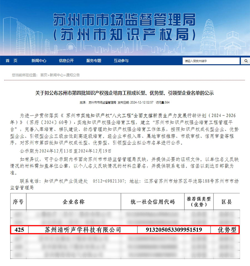 清听声学凭借卓越的知识产权管理与创新能力,成功入选“优势型企业”。