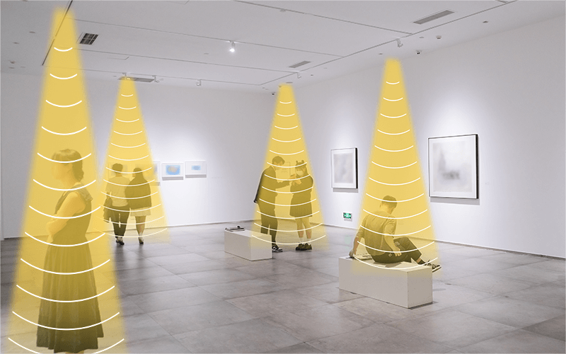 画廊展览，利用定向音箱，实现声音分区，互不干扰